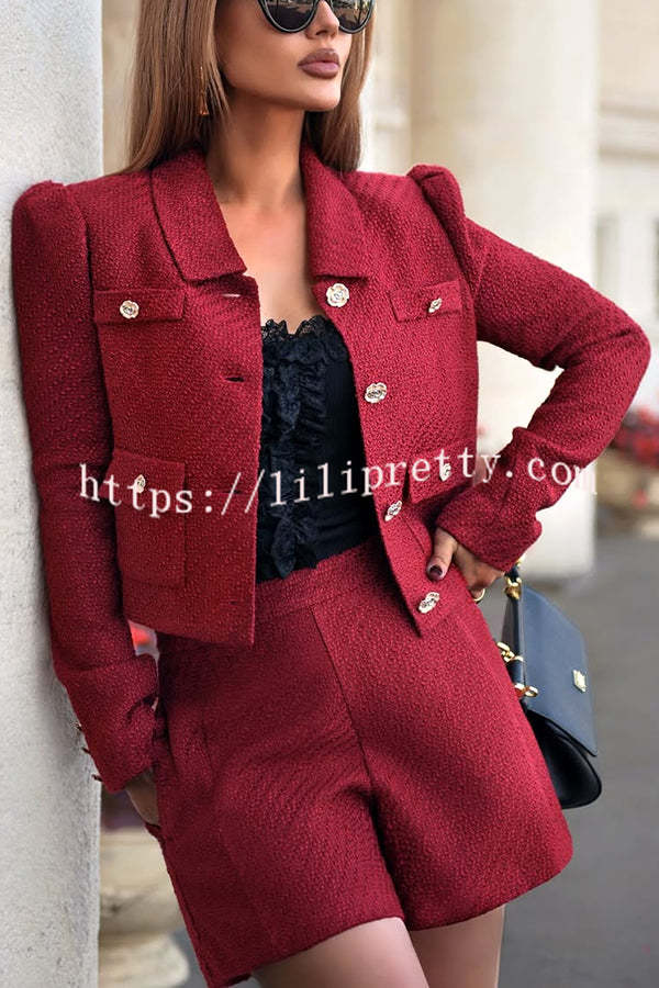 Sweet Dreams Tweed Bow Neck Button Long Sleeve Pocket Crop Jacket