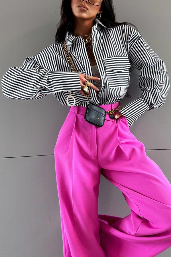 Stripe Print Lapel Long Sleeve Pocket Casual Shirt