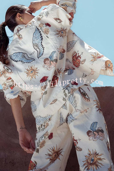 Angel Wings Denim Unique Print Button Up Long Sleeve Pocketed Relaxed Jacket
