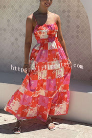 Resort Style Printed Suspender Pleated Loose Maxi Dress