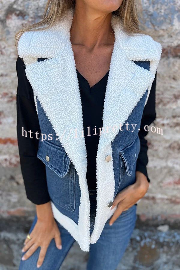 Autumn and Winter Motorcycle Faux Fur One-piece Denim Lapel Pocketed Vest Jacket