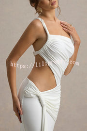 Sexy One-shoulder Backless Ribbon Pleated Slim Maxi Dress