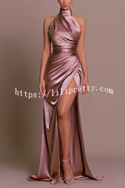 Satin Sexy Halter Neck Sleeveless High Slit Slim Maxi Dress