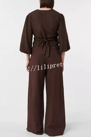 Lets Go Out Linen Blend Balloon Sleeve Wrap Tie-up Loose Top
