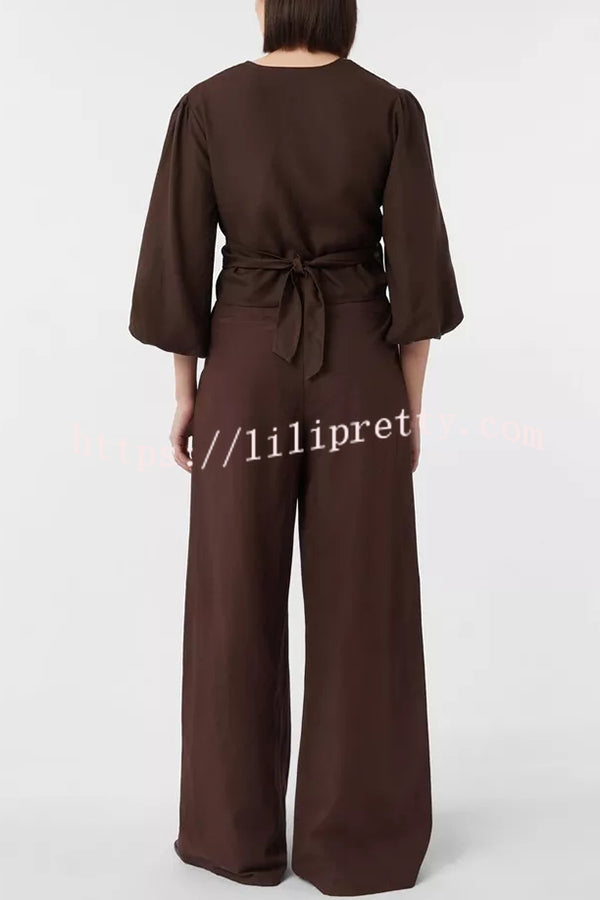 Lets Go Out Linen Blend Balloon Sleeve Wrap Tie-up Loose Top