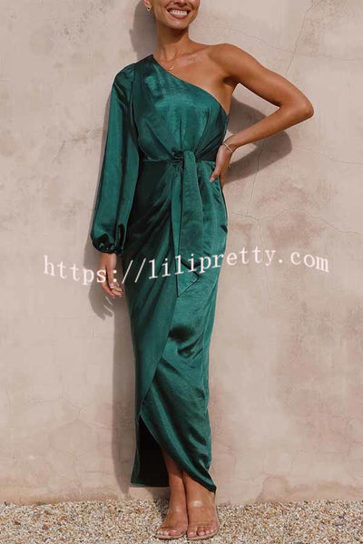 Lilipretty Endearing Romance Satin One Shoulder Front Tie Up Slit Maxi Dress