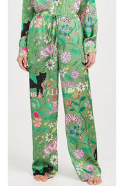 Quiet Jungle Satin Unique Print Long Sleeve Shirt and Elastic Waist Pocket Lounge Pants Set