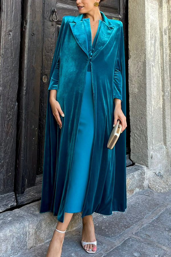 Olivienne Luxurious Velvet Padded Shoulders Slit Sleeve Lapel Midi Cape