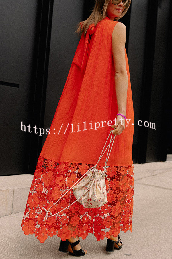 Breezy Comfort Tie-up Neck Sleeveless Floral Lace Hem Maxi Dress