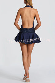 Lara Satin Halter Cowl Neck Bodysuit and Mid-rise Embellished Waistband Layered Hem Skort Set