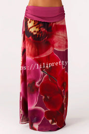 Sexy Deep V Backless Draped Camisole Top and Floral Print Chiffon Maxi Skirt Set