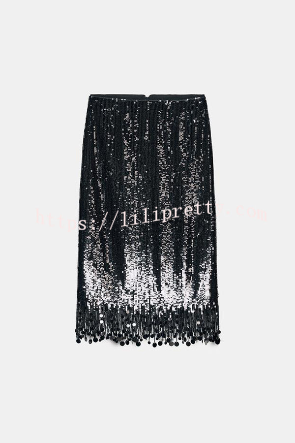 City Queen Sequin Tassel Round Pieces High Rise Back Zipper Midi Skirt
