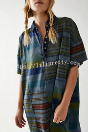 Contrast Striped Patchwork Denim Lapel Loose Casual Mini Dress