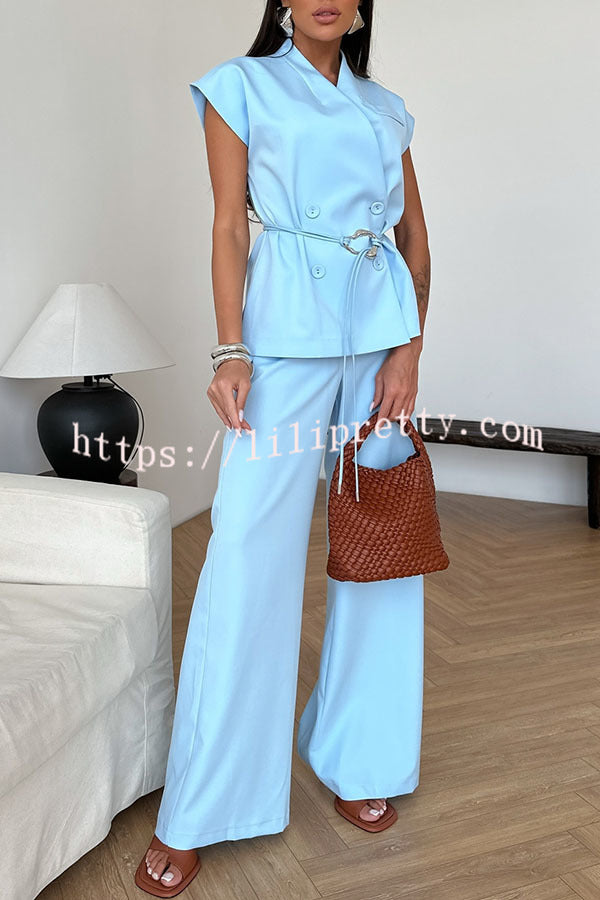 Modern City Double Breasted Belted Wide Short Sleeve Suit and Elastic Waist Loose Pants Set