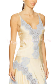 Wine Tasting Contrast Color Satin Lace Trim V-Neck Slip Tank