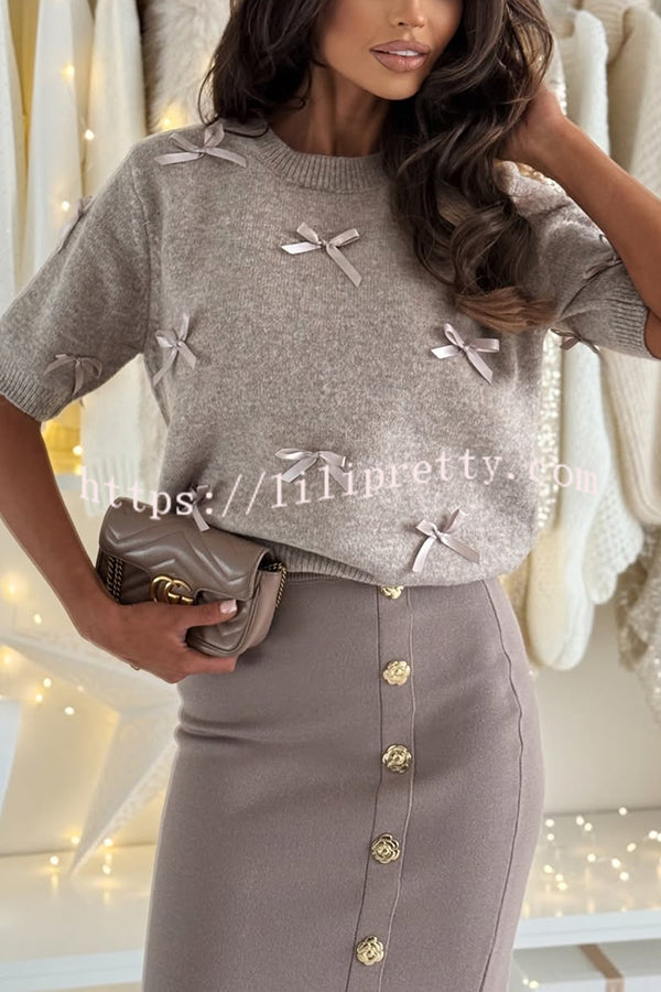 Light The Night Knit Satin Bow Detail Short Puff Sleeve Sweater