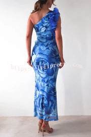 Floral Print Sleeveless 3D Flower One Shoulder Slim Maxi Dress