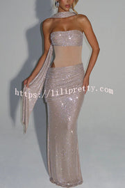 Kailani Sequin Strapless Mesh Cutout Waist Ruched Scarf Maxi Dress