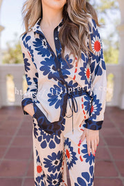 Unique Printed Lapel Long-sleeved Loose Shirt and Casual Pocket Wide-leg Pants Set