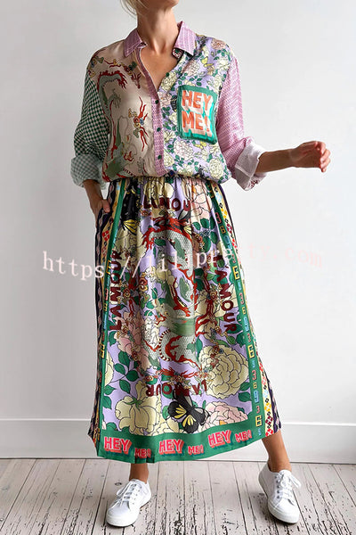 Dragon Season Unique Print Elastic Waist Pocketed Midi Skirt