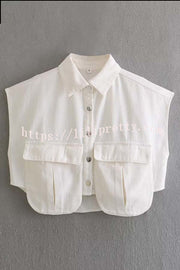 Stylish Weekend Denim Button Up Cape Sleeve Pocket Crop Top