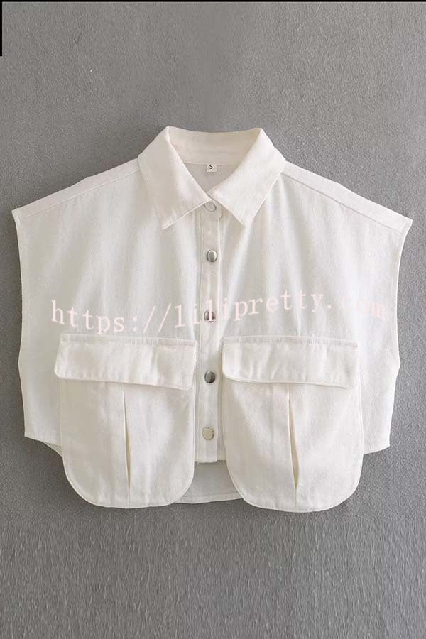 Stylish Weekend Denim Button Up Cape Sleeve Pocket Crop Top