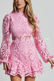 Solid Color Hollow Long-sleeved Waisted Lace Mini Dress