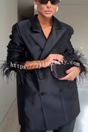 Chic Affair Satin Feather Trim Lapel Loose Blazer and High Rise Pocket Tapered Pants Set