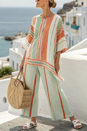 Striped Print Crew Neck Loose Top and Elastic Waist Casual Wide Leg Pants