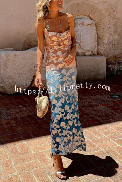 Tie Dye Ombre Gold Floral Print Sexy Strappy Maxi Dress
