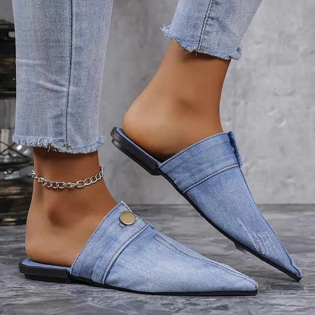 Casual Flat Pointed Toe Denim Slippers