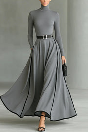 Stylish Color-blocked Trim High-neck Long-sleeved Casual Pockets Maxi Dress