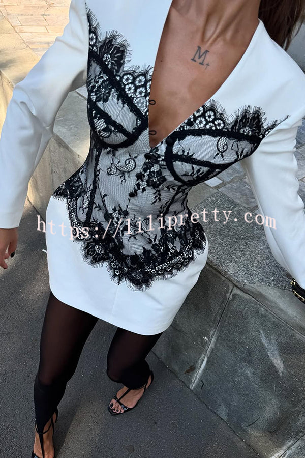 Saela Contrast Lace Corset Design V-neck Long Sleeve Tulip Mini Dress