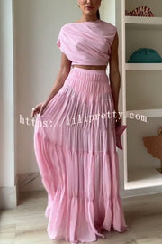 Stunning Chiffon Ruched Shoulder Short Sleeve Crop Top