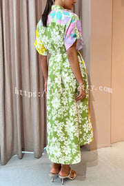 Lilipretty Travel Effortlessly Linen Blend Floral Patchwork Shirt Midi Dress