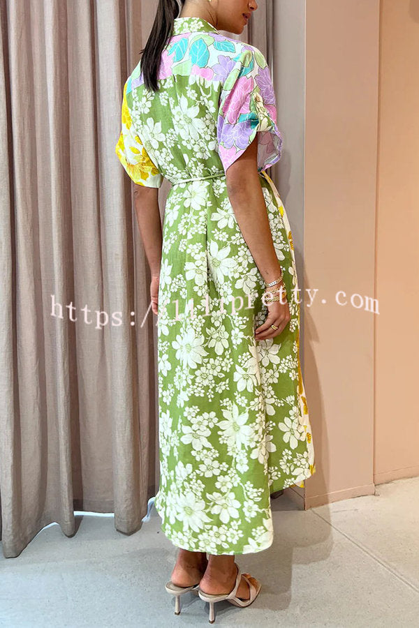 Travel Effortlessly Linen Blend Floral Patchwork Shirt Midi Dress