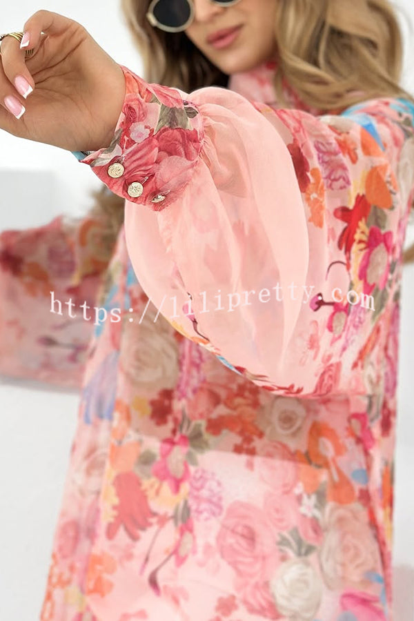 Chiffon Floral Print Turtleneck Long Sleeve Loose Top