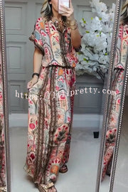 Unique Printed Loose Short-sleeved Top and Elastic Waist Casual Wide-leg Pants Set