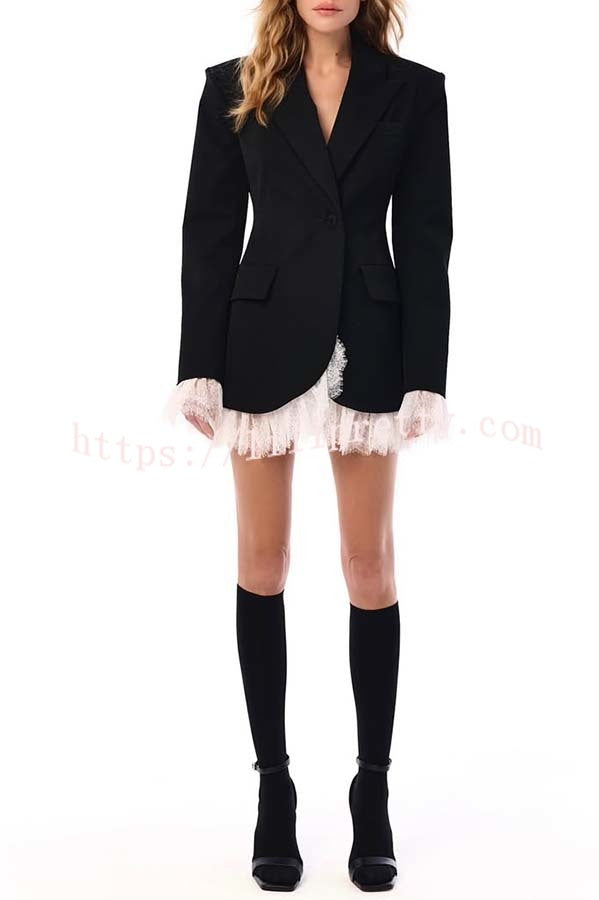 Cue The Chic Lace Trim Button Long Sleeve Lapel Blazer Mini Dress