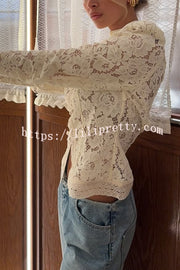 Fashion Hollow Lace Stand Collar Long Sleeve Slim Shirt