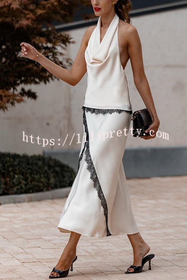 Iriena Satin Lace Trim Cowl Halter Neck Tank and Mid Rise Midi Skirt Set
