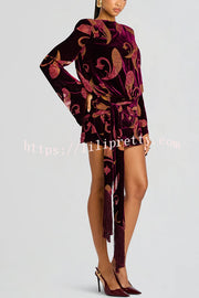 Night Out Velvet Paisley Print Long Sleeve Tie-up Tassel Loose Mini Dress