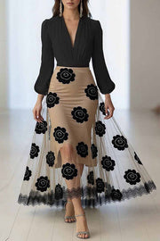 Floral Print V-neck Long-sleeved Patchwork Mesh Maxi Dress