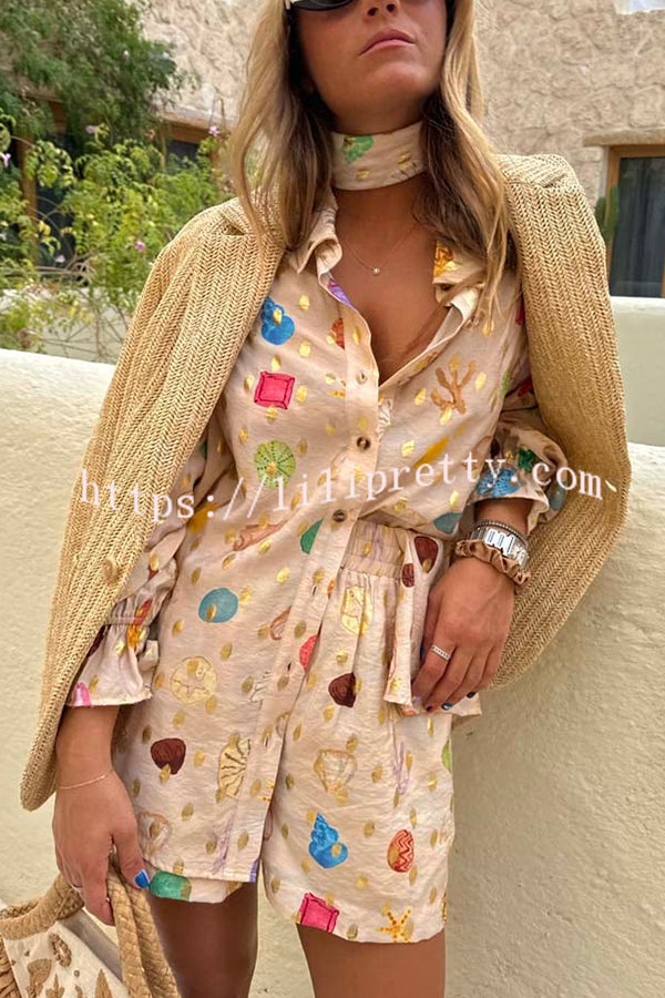 Fashionable Gold Stamping Unique Printing Lapel Long Sleeve Shirt and Elastic Waist Casual Pocket Shorts Set