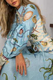 Ocean Print Lapel Button Waist Tie Resort Maxi Dress