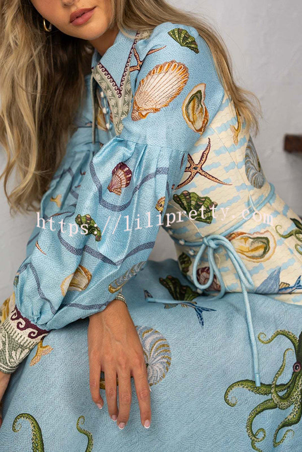 Ocean Print Lapel Button Waist Tie Resort Maxi Dress