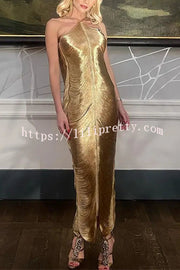 Sexy Allnight Metallic Halterneck Backless Fringed Slit Maxi Dress