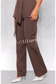 Goal Digger Striped Button Belted Lapel Vest and Pocketed Wide-leg Pants Set