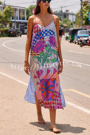 Lilipretty Vacation Forever Satin Funny Holiday Print Cami Slit Maxi Dress