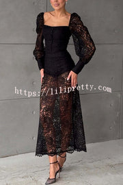 Timeless Moment Floral Lace Square Neck Button Up Balloon Sleeve Top